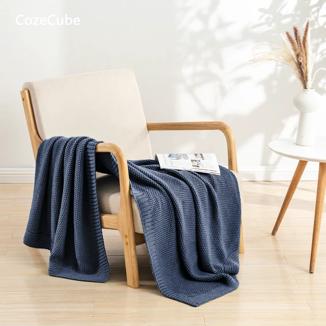 Alt view image 5 of 7 - Dusty Blue Seed Stitch Throw Blanket 60"x80", Farmhouse Decor
