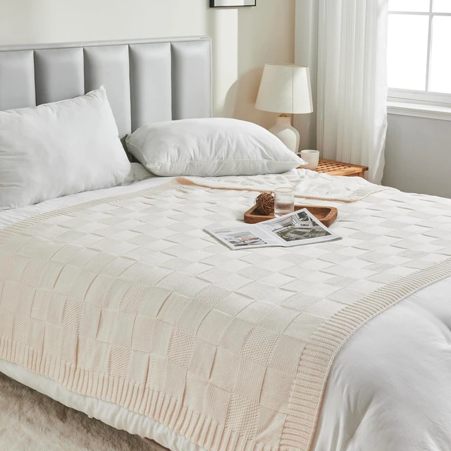 Alt view image 4 of 7 - Cream White Knitted Checkered Throw Blanket 60"X80"
Check Knit Throw for Couch, Decorative Christmas Soft Cozy Warm Blanket for Bed Sofa Living Room