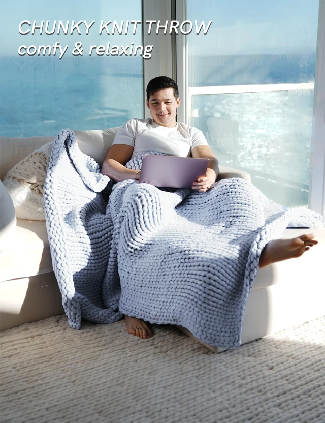 Alt view image 2 of 7 - Chunky Throw Blanket, Medium-Weight, Hand Knitted, Skin Friendly, Ventilated and Breathable, Machine Washable, Home Décor Piece for Couch, Sofa and Bed (Atlantis Blue, 40x50 Inch)