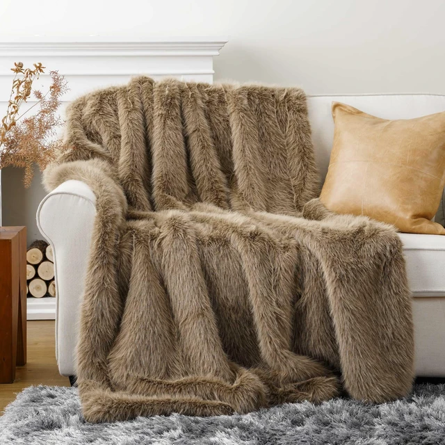 Alt view image 2 of 7 - Tan Faux Fur Throw Blanket, Soft Khaki Throw Blankets, 50"x60"