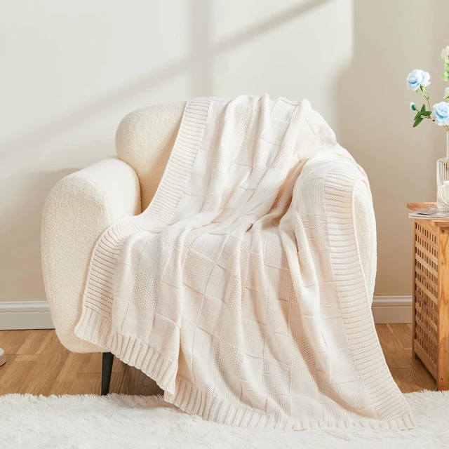 Alt view image 5 of 7 - Cream White Knitted Checkered Throw Blanket 60"X80"
Check Knit Throw for Couch, Decorative Christmas Soft Cozy Warm Blanket for Bed Sofa Living Room