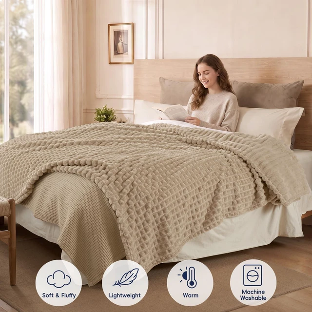 Alt view image 2 of 7 - Luxury Soft Fleece Blanket King Size for Bed No-Shed Taupe 108"x90"