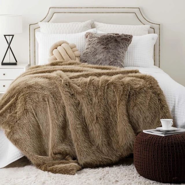 Alt view image 4 of 7 - Tan Faux Fur Throw Blanket, Soft Khaki Throw Blankets, 50"x60"