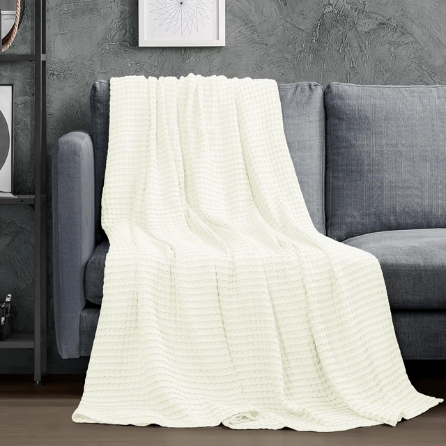 Alt view image 2 of 7 - 100% Cotton Waffle Blanket Queen Size Ivory, 90x90 Inch