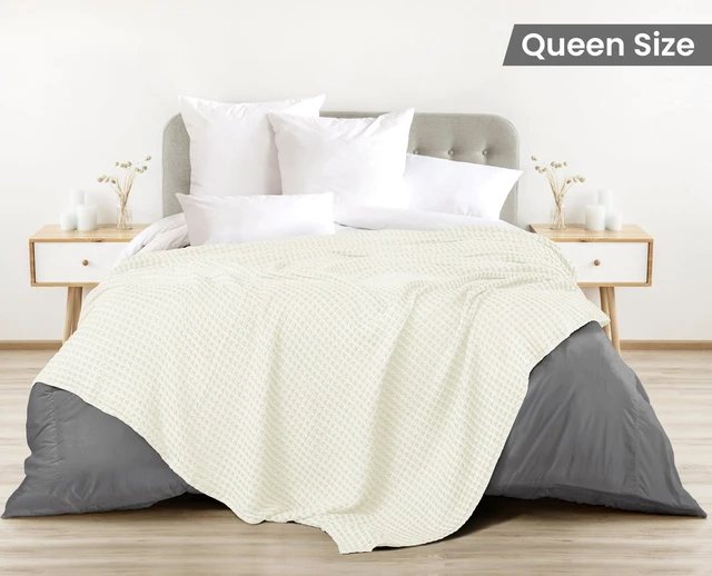 Alt view image 3 of 7 - 100% Cotton Waffle Blanket Queen Size Ivory, 90x90 Inch