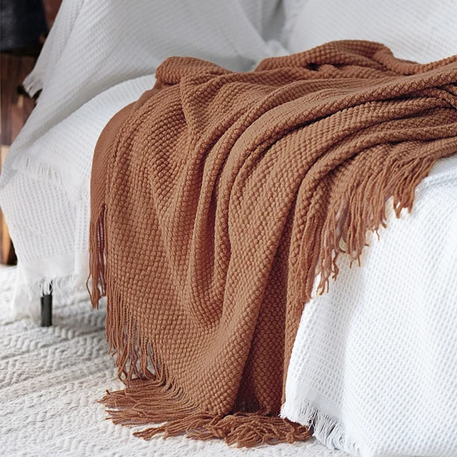 Alt view image 3 of 7 - Knitted Throw Blanket with Tassels Bubble Textured Lightweight Throws for Couch Cover Home Decor (Caramel, 60x90)
