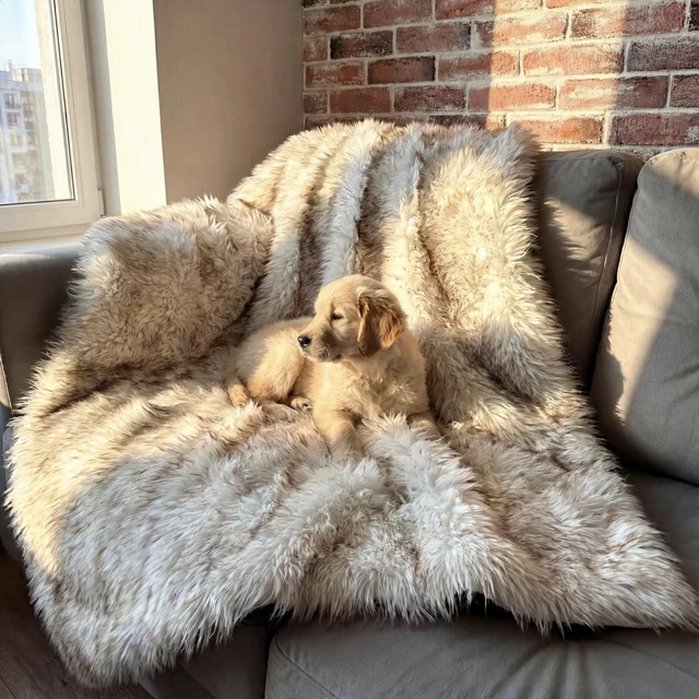 Main image of Faux Fur Dog Blanket, Waterproof Couch Cover, White w/ Brown Tips 60"x50"
Plush Sheepskin Style Pet Throw for Sofa, Bed, and Car, Washable Furniture Cover that Protects From Fur and Spills