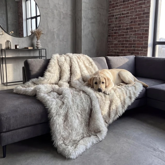 Alt view image 2 of 7 - Faux Fur Dog Blanket, Waterproof Couch Cover, White w/ Brown Tips 60"x50"
Plush Sheepskin Style Pet Throw for Sofa, Bed, and Car, Washable Furniture Cover that Protects From Fur and Spills