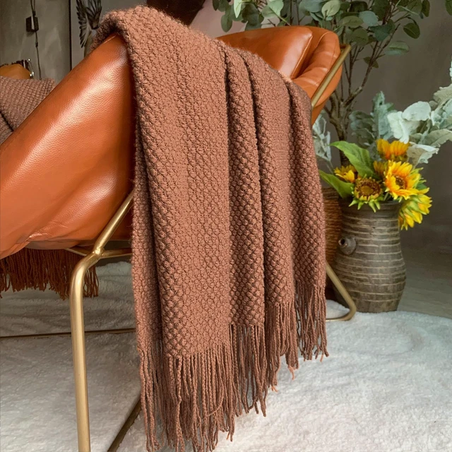 Alt view image 5 of 7 - Knitted Throw Blanket with Tassels Bubble Textured Lightweight Throws for Couch Cover Home Decor (Caramel, 60x90)