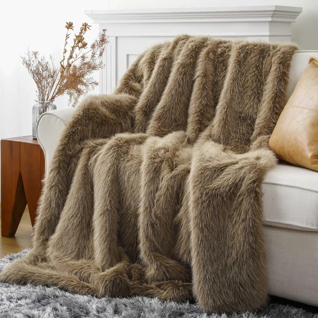 Alt view image 7 of 7 - Tan Faux Fur Throw Blanket, Soft Khaki Throw Blankets, 50"x60"