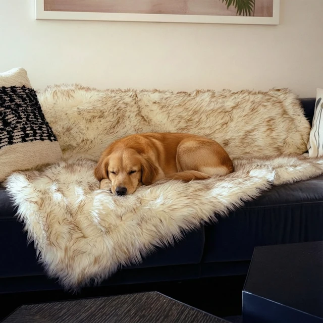 Alt view image 3 of 7 - Faux Fur Dog Blanket, Waterproof Couch Cover, White w/ Brown Tips 60"x50"
Plush Sheepskin Style Pet Throw for Sofa, Bed, and Car, Washable Furniture Cover that Protects From Fur and Spills