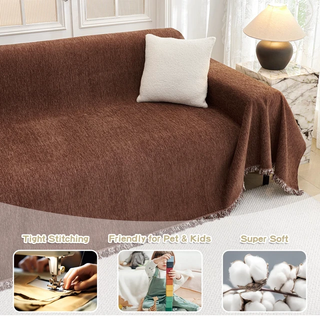Alt view image 2 of 7 - Sofa Covers for 2 Cushion Dogs - Boho Textured Soft Washable Decorative Couch Covers with Tassels, 71"x118", Chocolate