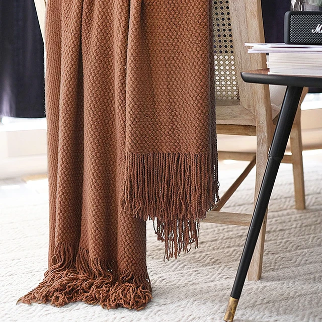 Alt view image 6 of 7 - Knitted Throw Blanket with Tassels Bubble Textured Lightweight Throws for Couch Cover Home Decor (Caramel, 60x90)