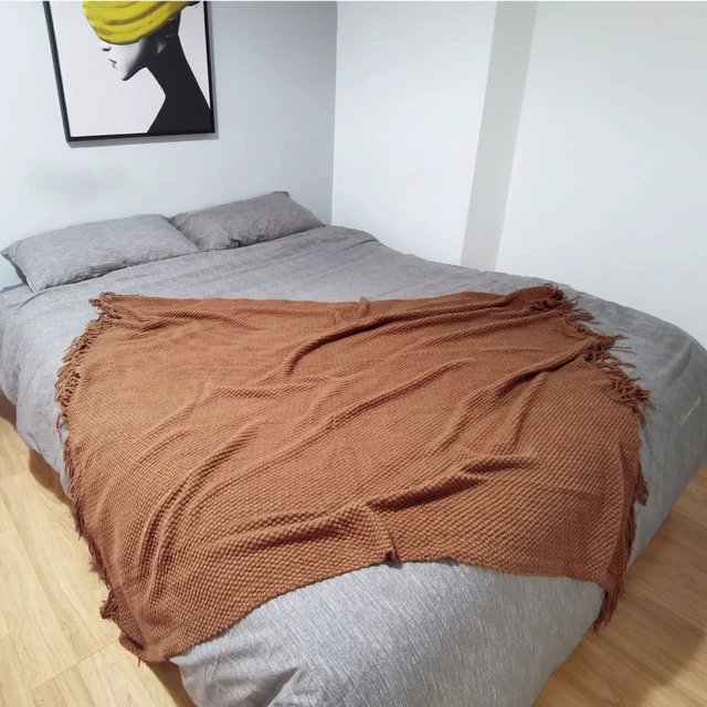 Alt view image 7 of 7 - Knitted Throw Blanket with Tassels Bubble Textured Lightweight Throws for Couch Cover Home Decor (Caramel, 60x90)