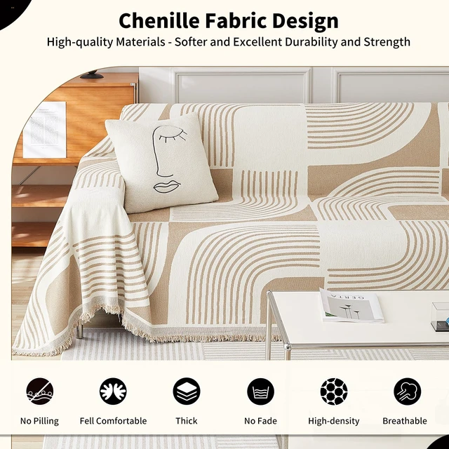 Alt view image 3 of 6 - Boho Couch Cover, Chenille Sofa Covers Washable, 71" x 134", Khaki