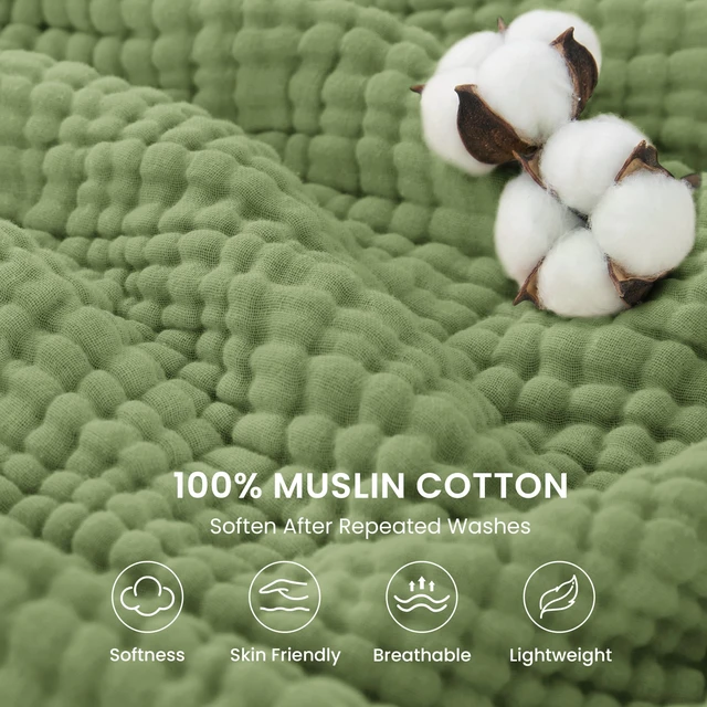 Alt view image 2 of 7 - 100% Cotton Muslin Blanket King Size for Bed, Sage Green
6 Layer Lightweight Breathable Gauze Throw Blanket 108 x 90 Inches, Soft All Season Blanket for Couch, Bed, Sofa