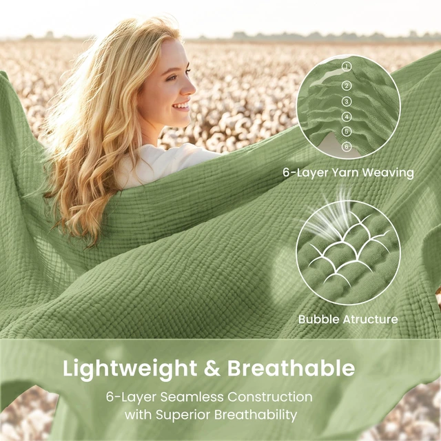 Alt view image 3 of 7 - 100% Cotton Muslin Blanket King Size for Bed, Sage Green
6 Layer Lightweight Breathable Gauze Throw Blanket 108 x 90 Inches, Soft All Season Blanket for Couch, Bed, Sofa