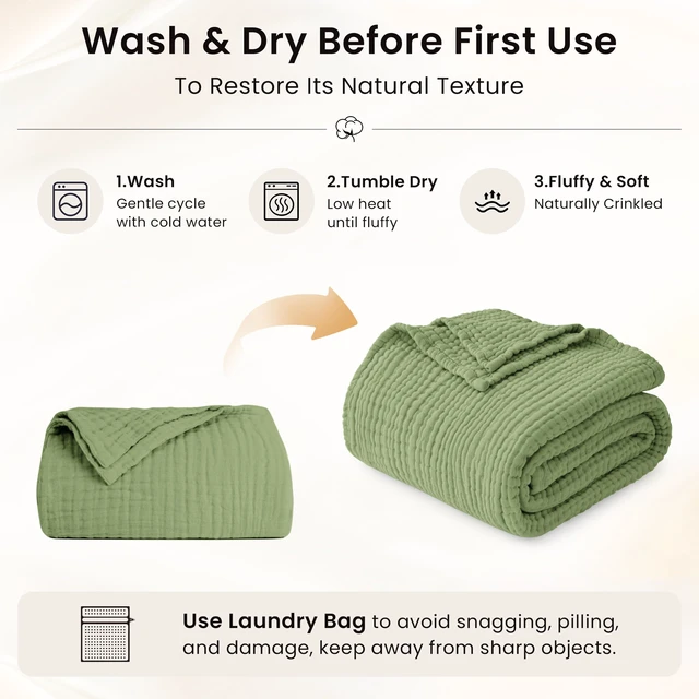 Alt view image 4 of 7 - 100% Cotton Muslin Blanket King Size for Bed, Sage Green
6 Layer Lightweight Breathable Gauze Throw Blanket 108 x 90 Inches, Soft All Season Blanket for Couch, Bed, Sofa