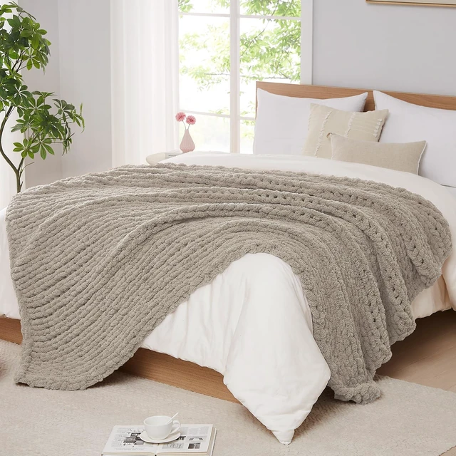 Main image of Chunky Knit Throw Blanket for Couch, 50 x 60 Inches, Light Linen
Handmade Chenille Crochet Blanket for Sofa Bed, Thick Cable Knitted Blankets for Room Home Decor, Birthday Gift for Women Mom