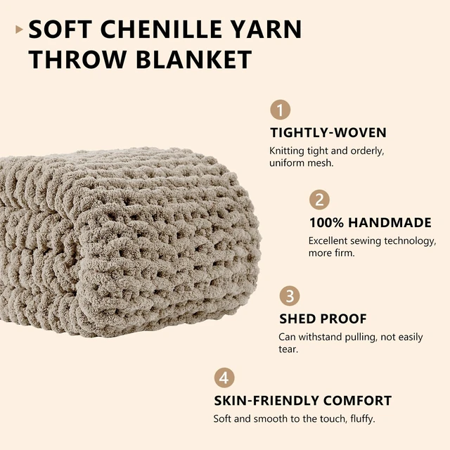 Alt view image 2 of 6 - Chunky Knit Throw Blanket for Couch, 50 x 60 Inches, Light Linen
Handmade Chenille Crochet Blanket for Sofa Bed, Thick Cable Knitted Blankets for Room Home Decor, Birthday Gift for Women Mom