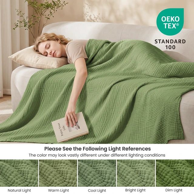 Alt view image 5 of 7 - 100% Cotton Muslin Blanket King Size for Bed, Sage Green
6 Layer Lightweight Breathable Gauze Throw Blanket 108 x 90 Inches, Soft All Season Blanket for Couch, Bed, Sofa