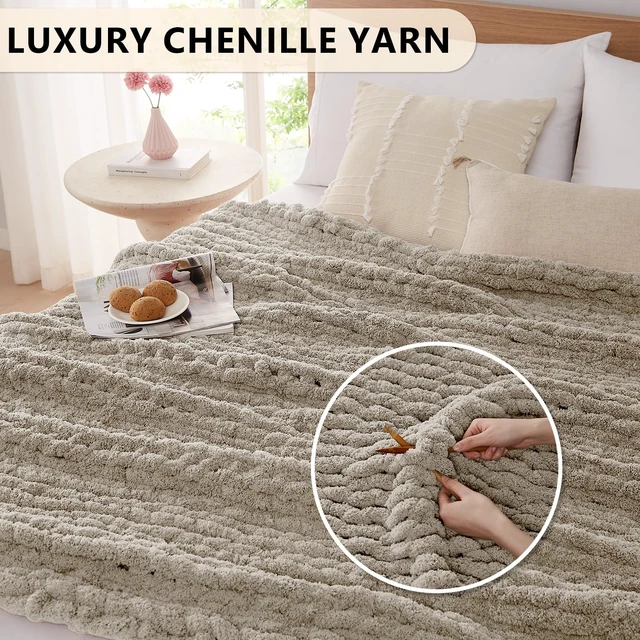 Alt view image 3 of 6 - Chunky Knit Throw Blanket for Couch, 50 x 60 Inches, Light Linen
Handmade Chenille Crochet Blanket for Sofa Bed, Thick Cable Knitted Blankets for Room Home Decor, Birthday Gift for Women Mom