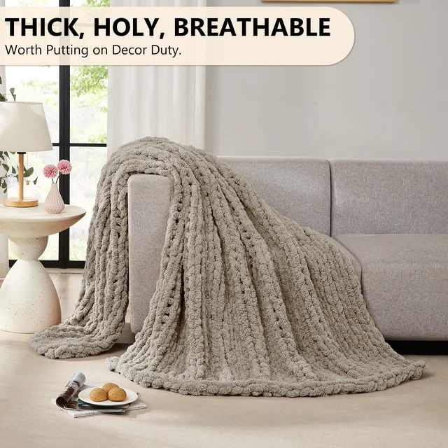 Alt view image 5 of 6 - Chunky Knit Throw Blanket for Couch, 50 x 60 Inches, Light Linen
Handmade Chenille Crochet Blanket for Sofa Bed, Thick Cable Knitted Blankets for Room Home Decor, Birthday Gift for Women Mom