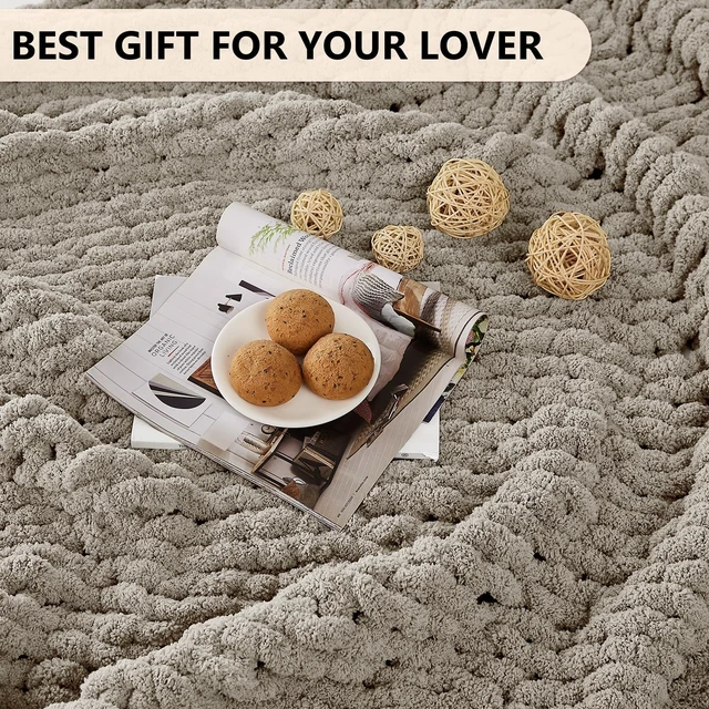 Alt view image 6 of 6 - Chunky Knit Throw Blanket for Couch, 50 x 60 Inches, Light Linen
Handmade Chenille Crochet Blanket for Sofa Bed, Thick Cable Knitted Blankets for Room Home Decor, Birthday Gift for Women Mom