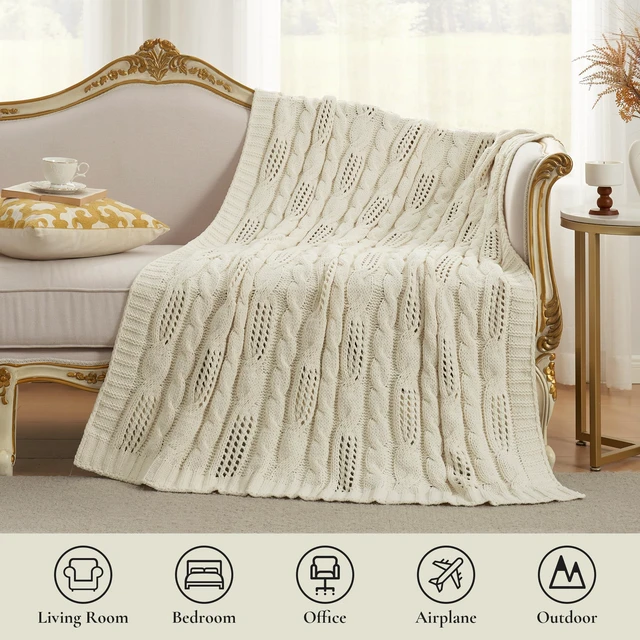 Alt view image 3 of 7 - Cable Knit Chenille Throw Blanket, Cream White 60×80
Classic Cable Knit, Dual-Sided Softness, Modern Farmhouse Style, Breathable Comfort, Cozy Throw for Couch, Sofa & Chair