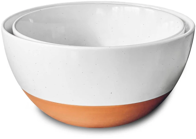 Main image of Ceramic Large Mixing Bowls - Set of 2 Nesting Bowls for Cooking, Serving, Popcorn, Salad etc - Microwavable Kitchen Stoneware, Oven, Microwave and Dishwasher Safe - Extra Big 5.5 & 3.6 Qt - White