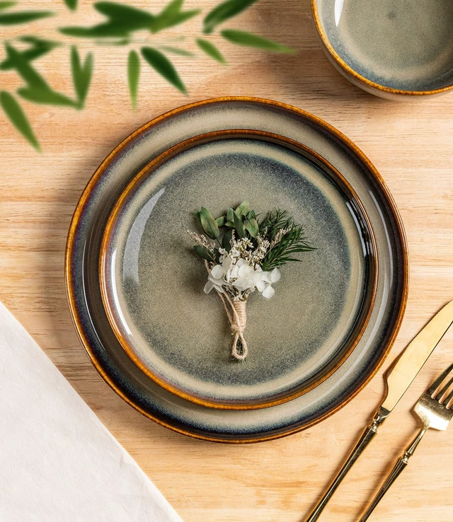 Alt view image 2 of 7 - Ceramic Dinnerware Set for 4, 12-Piece Plates and Bowls Set
Handmade Reactive Glaze Dish Set, Scratch Resistant, Oven & Microwave & Dishwasher Safe, Coffee Bean