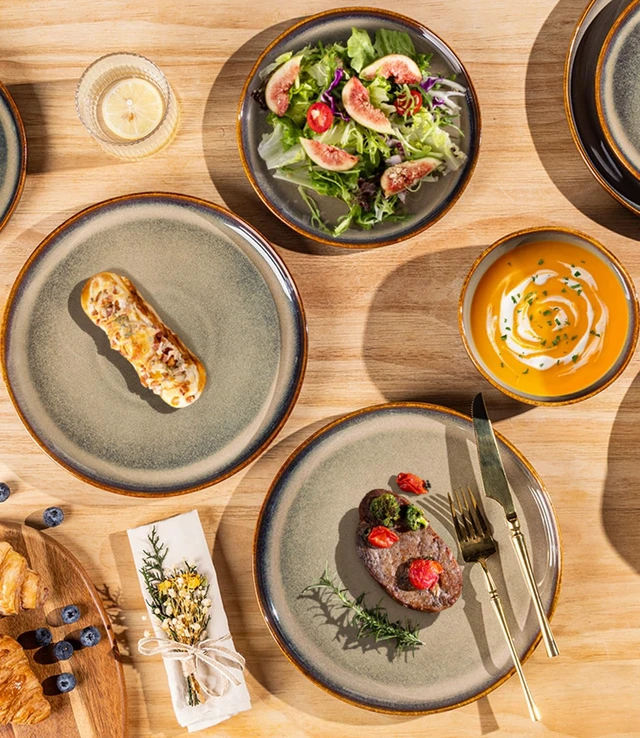 Alt view image 3 of 7 - Ceramic Dinnerware Set for 4, 12-Piece Plates and Bowls Set
Handmade Reactive Glaze Dish Set, Scratch Resistant, Oven & Microwave & Dishwasher Safe, Coffee Bean