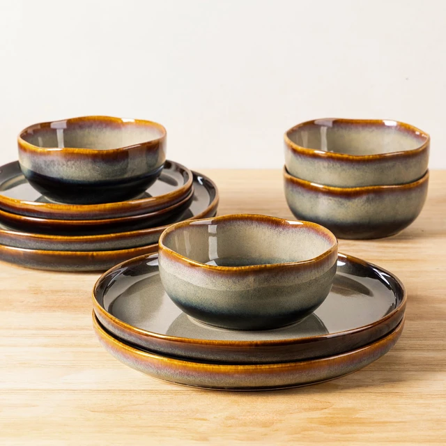 Alt view image 4 of 7 - Ceramic Dinnerware Set for 4, 12-Piece Plates and Bowls Set
Handmade Reactive Glaze Dish Set, Scratch Resistant, Oven & Microwave & Dishwasher Safe, Coffee Bean