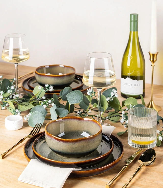 Alt view image 5 of 7 - Ceramic Dinnerware Set for 4, 12-Piece Plates and Bowls Set
Handmade Reactive Glaze Dish Set, Scratch Resistant, Oven & Microwave & Dishwasher Safe, Coffee Bean
