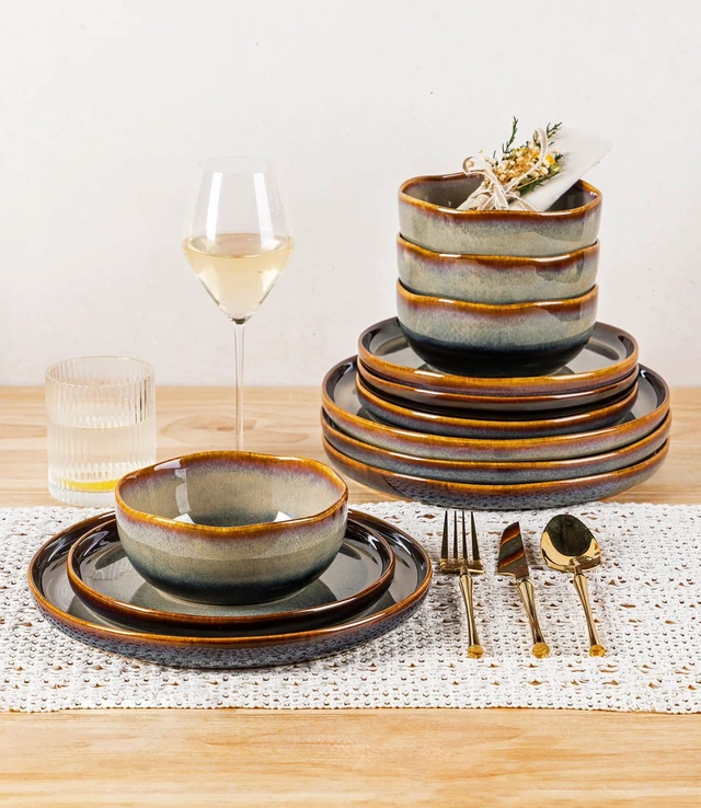 Alt view image 6 of 7 - Ceramic Dinnerware Set for 4, 12-Piece Plates and Bowls Set
Handmade Reactive Glaze Dish Set, Scratch Resistant, Oven & Microwave & Dishwasher Safe, Coffee Bean