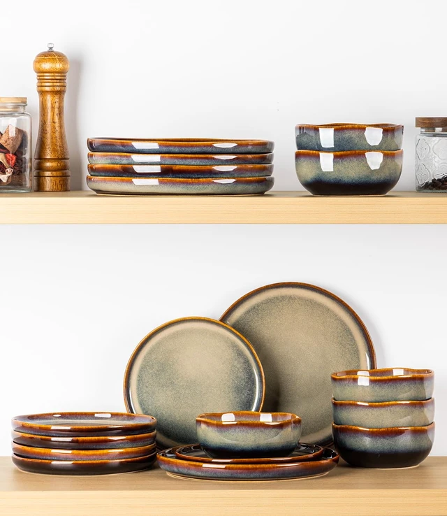 Alt view image 7 of 7 - Ceramic Dinnerware Set for 4, 12-Piece Plates and Bowls Set
Handmade Reactive Glaze Dish Set, Scratch Resistant, Oven & Microwave & Dishwasher Safe, Coffee Bean