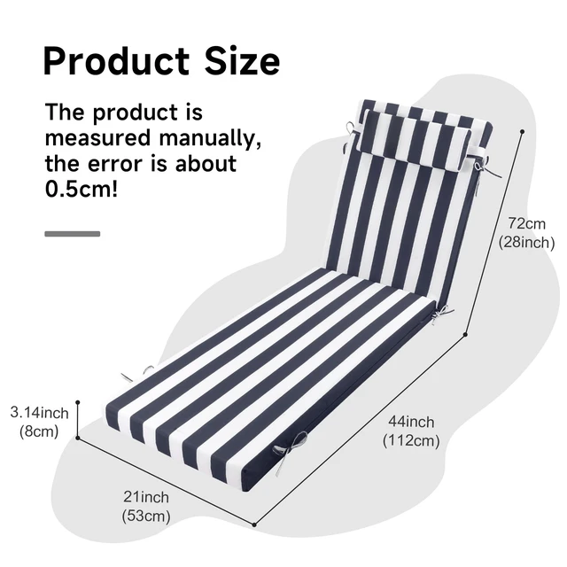 Alt view image 2 of 7 - Outdoor Chaise Lounge Cushion 72x21 Inch with Headrest, Navy White