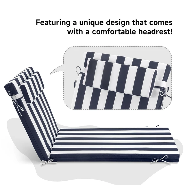 Alt view image 3 of 7 - Outdoor Chaise Lounge Cushion 72x21 Inch with Headrest, Navy White