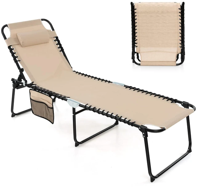 Main image of Chaise Lounge Chair Outdoor, Folding 5-Postion Beach Lounge Chair with Detachable Pillow, Side Pocket, Sunbathing Lounger, Adjustable Tanning Chair for Patio Lawn Pool Yard