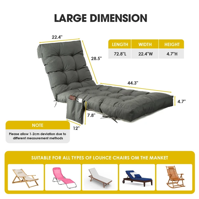 Alt view image 2 of 7 - Outdoor Chaise Lounge Chair Cushion,72"x22"x4" Lounge Chair Cushions Thickened with Pocket,Waterproof Replacement Patio Pool Lounge Chair Cushion for Outdoor Furniture with Ties,Dark Grey