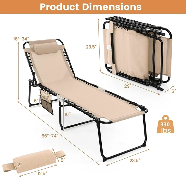 Alt view image 2 of 7 - Chaise Lounge Chair Outdoor, Folding 5-Postion Beach Lounge Chair with Detachable Pillow, Side Pocket, Sunbathing Lounger, Adjustable Tanning Chair for Patio Lawn Pool Yard