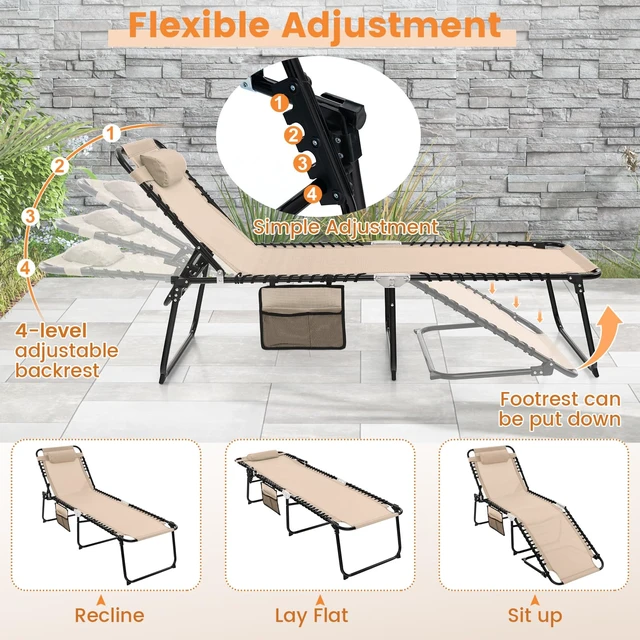 Alt view image 3 of 7 - Chaise Lounge Chair Outdoor, Folding 5-Postion Beach Lounge Chair with Detachable Pillow, Side Pocket, Sunbathing Lounger, Adjustable Tanning Chair for Patio Lawn Pool Yard