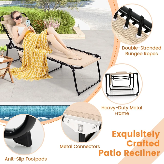 Alt view image 4 of 7 - Chaise Lounge Chair Outdoor, Folding 5-Postion Beach Lounge Chair with Detachable Pillow, Side Pocket, Sunbathing Lounger, Adjustable Tanning Chair for Patio Lawn Pool Yard