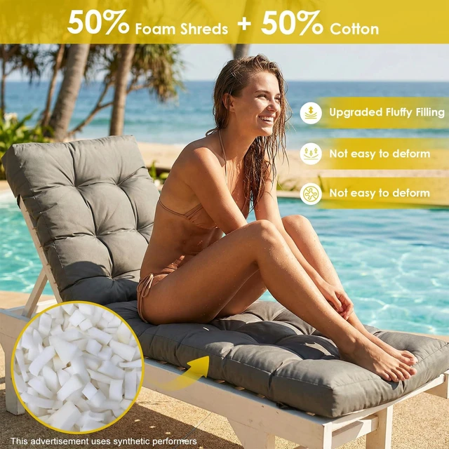 Alt view image 6 of 7 - Outdoor Chaise Lounge Chair Cushion,72"x22"x4" Lounge Chair Cushions Thickened with Pocket,Waterproof Replacement Patio Pool Lounge Chair Cushion for Outdoor Furniture with Ties,Dark Grey