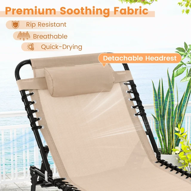 Alt view image 5 of 7 - Chaise Lounge Chair Outdoor, Folding 5-Postion Beach Lounge Chair with Detachable Pillow, Side Pocket, Sunbathing Lounger, Adjustable Tanning Chair for Patio Lawn Pool Yard