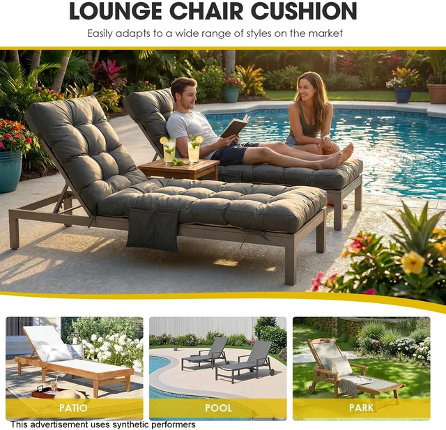 Alt view image 7 of 7 - Outdoor Chaise Lounge Chair Cushion,72"x22"x4" Lounge Chair Cushions Thickened with Pocket,Waterproof Replacement Patio Pool Lounge Chair Cushion for Outdoor Furniture with Ties,Dark Grey