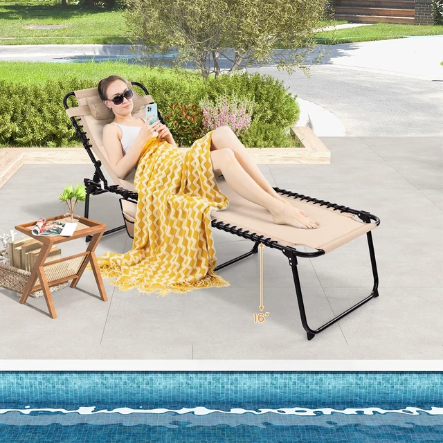 Alt view image 7 of 7 - Chaise Lounge Chair Outdoor, Folding 5-Postion Beach Lounge Chair with Detachable Pillow, Side Pocket, Sunbathing Lounger, Adjustable Tanning Chair for Patio Lawn Pool Yard