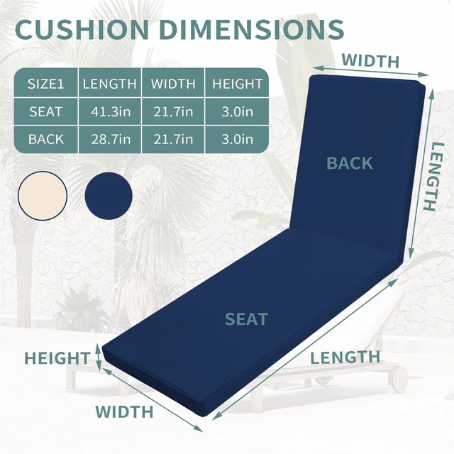 Alt view image 4 of 7 - Chaise Lounge Cushions Outdoor for Patio, 71x22x3 in, Navy Blue
Replacement Seat Pad, 28D Foam, Washable Cover, Waterproof Chair Cushion for Yard, Lawn Furniture, Poolside, Deck