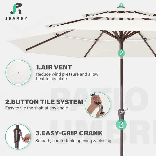 Alt view image 3 of 7 - 3 Tier 9 ft Outdoor Patio Umbrella with Tilt and Crank, Off-white
Market Table Umbrella with 8 Sturdy Ribs, 1.5 in Pole, UV Protection Waterproof Sunproof for Pool, Deck and Backyard
