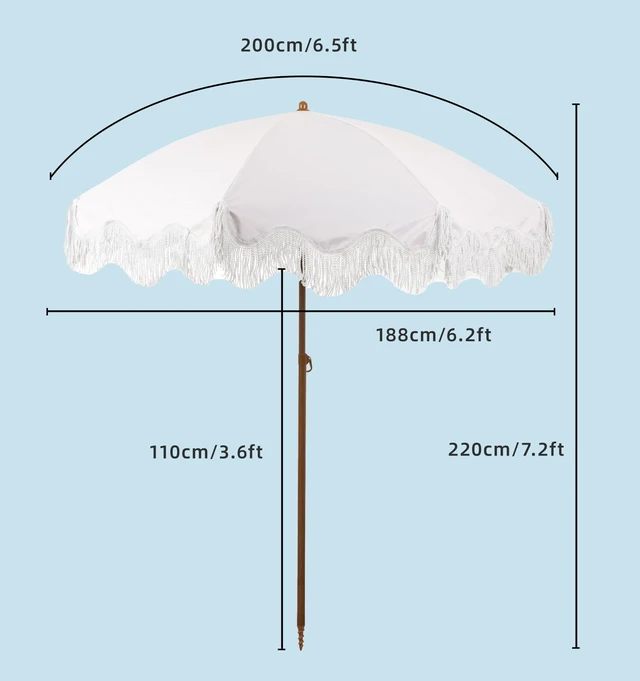 Alt view image 3 of 7 - 6.5FT Outdoor Patio Umbrella with Fringe, Boho Beach Umbrella
UV Protection | Tilt & Adjustable Height | Portable 2-Piece Brown Steel Pole | Perfect for Pool, Garden, Party & Beach